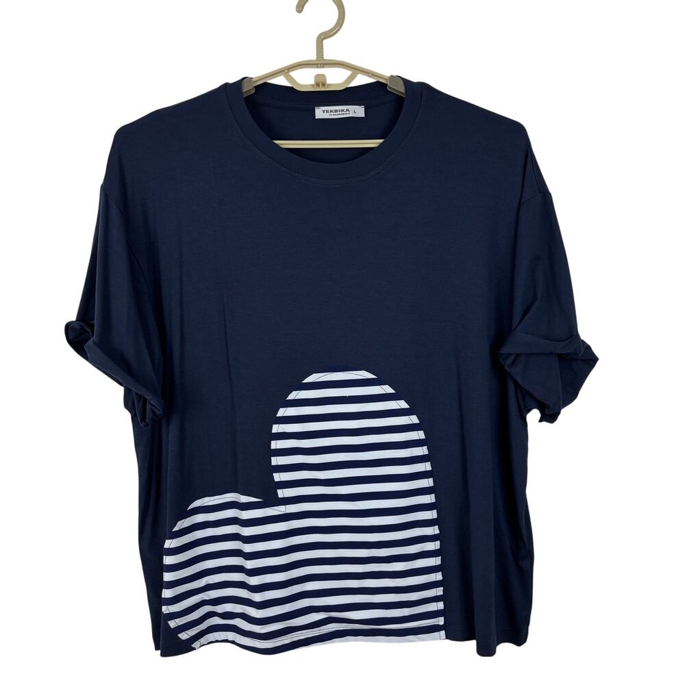 Tekbika by Alembika Blue Jersey Knit Tee T Shirt Large short sleeve Heart Stripe